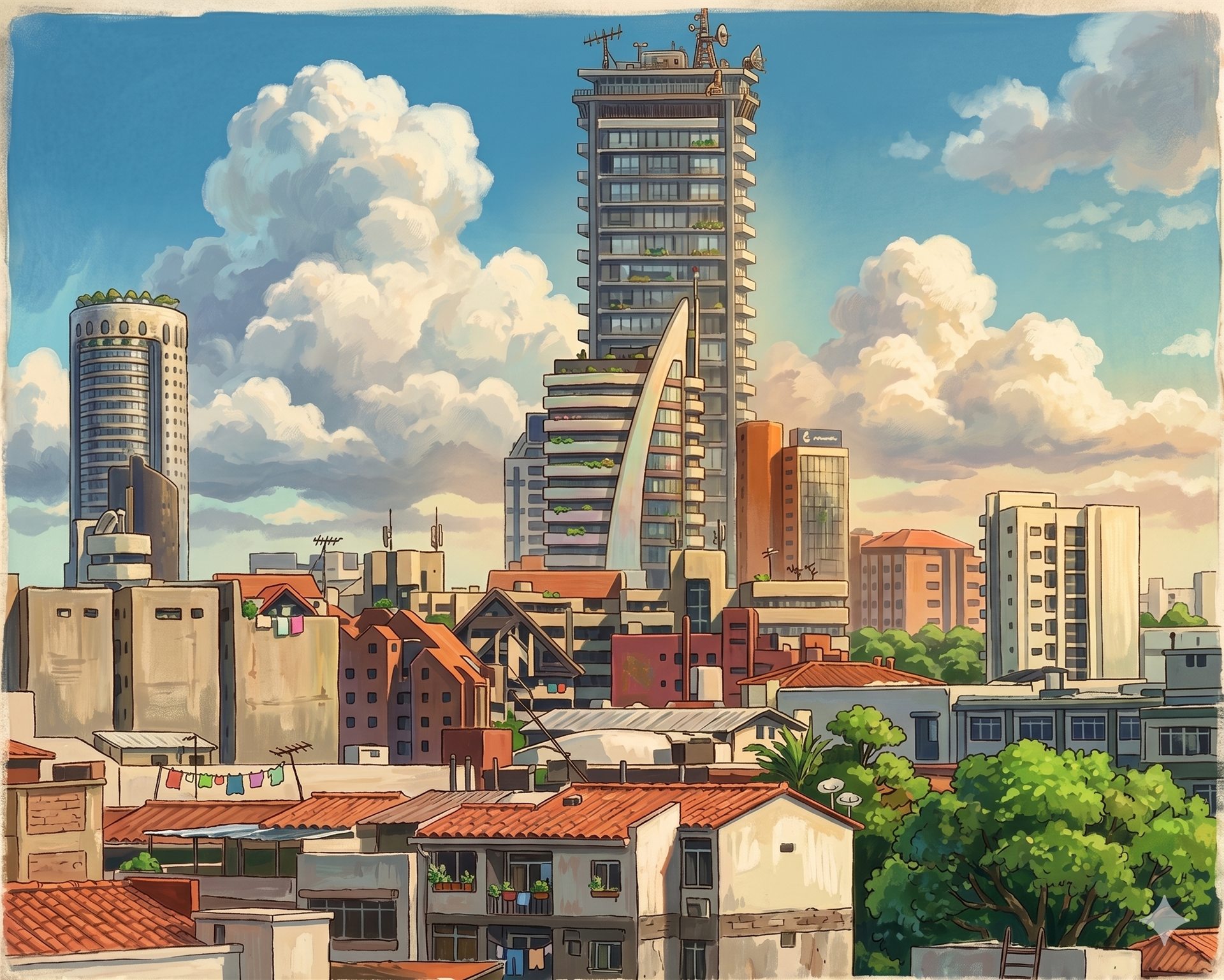 Ilustracion de Santa Cruz con edificios, casas y cielo despejado.